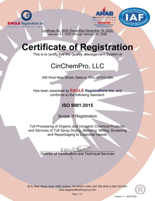 CinChemPro Receives ISO-9001:2015 Certification